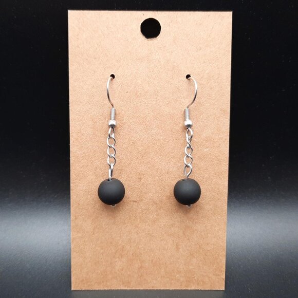 Hand Crafted Jewelry - Matte Black Minimalist Dangle Drop Goth Beaded Chain Earrings Handmade Jewelry